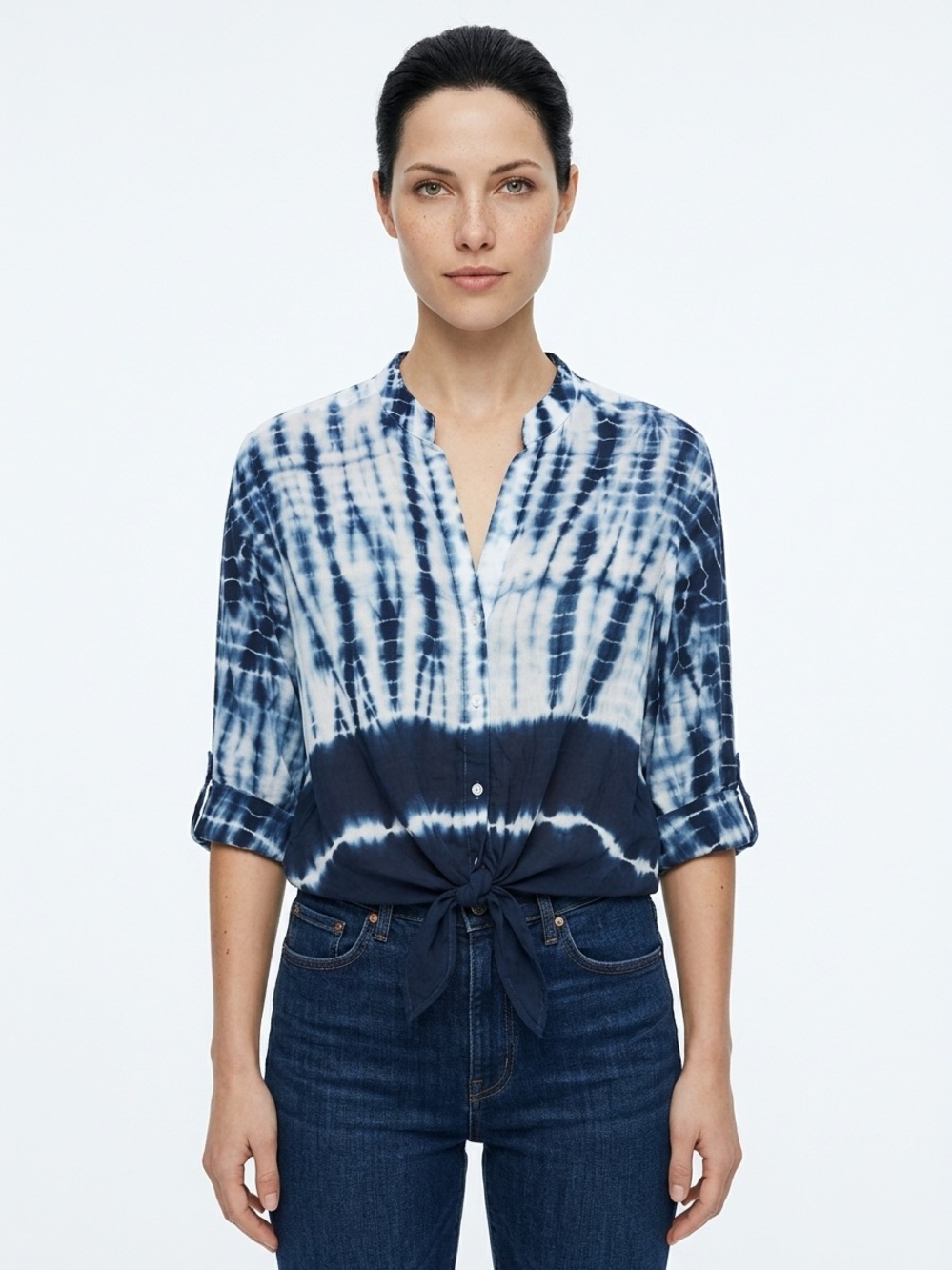 CLOTH & STONE | Navy Blue & White Tie-Dye Button Front Tie Hem Shirt Women’s S
